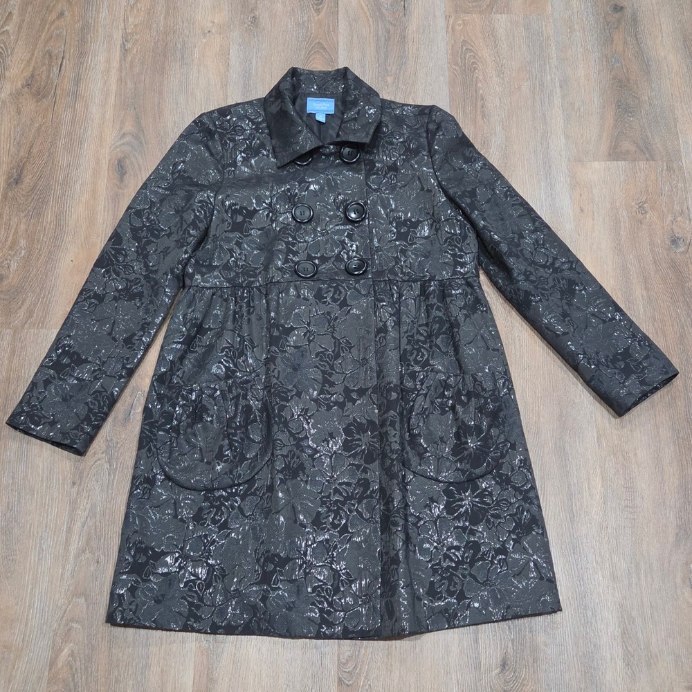 Simply Vera Vera Wang Metallic Silver Floral Jacquard Double Breasted Coat M